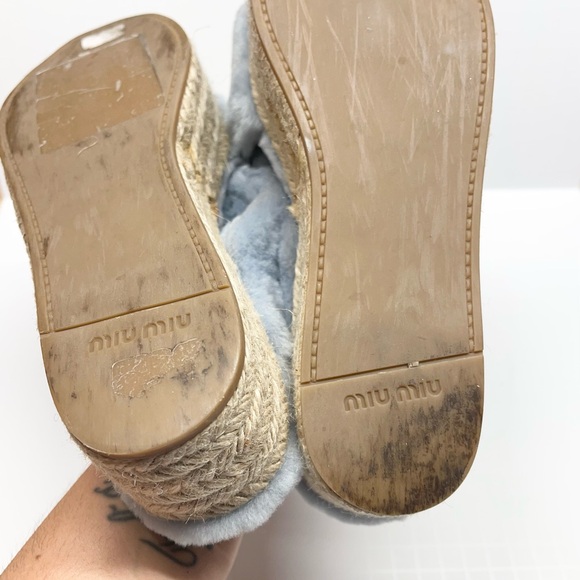 Miu Miu Light Blue Shearling Cross Strap Espadrille Platform Slides - Picture 10 of 10